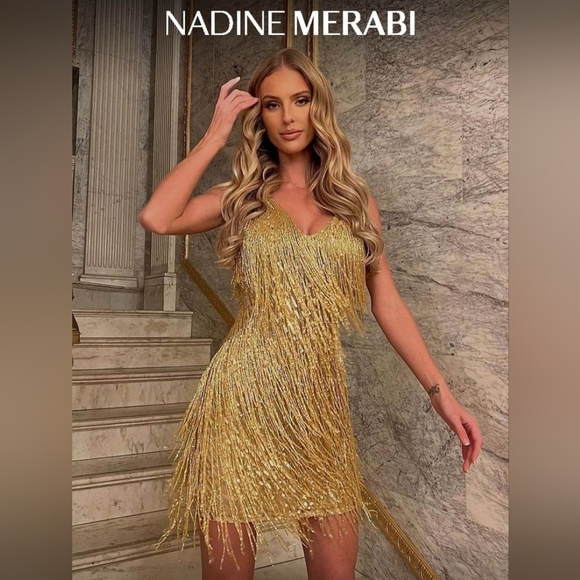 NWT Nadine Merabi Tammy Gold Fringe Beaded Mini Dress Size 8 - Picture 1 of 12